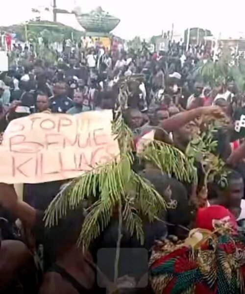 PHOTO: A cross section of youths resident in Benue State, North-Central Nigeria, during a peaceful protest, today, against the unrelenting killings in the state by armed herdsmen.
