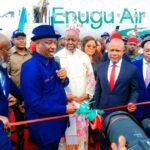 PHOTO: Minister of Aviation and Aerospace Development, Festus Keyamo (with microphone) cutting the tape to inaugurate Enugu Air, as Enugu State Governor Peter Mbah (3rd right) and other dignitaries watch,in Enugu… today.
