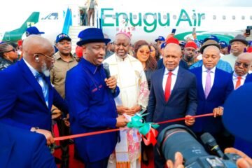 PHOTO: Minister of Aviation and Aerospace Development, Festus Keyamo (with microphone) cutting the tape to inaugurate Enugu Air, as Enugu State Governor Peter Mbah (3rd right) and other dignitaries watch,in Enugu… today.
