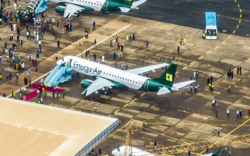 ANOTHER PHOTO: Aerial view of the Akanu Ibiam International Airport, Enugu, with the three Embraer jets that form the take-off fleet of Enugu Air, inaugurated today by Minister of Aviation and Aerospace Development, Festus Keyamo.Enugu Air is owned by the Enugu State Government under Gov. Peter Mbah.