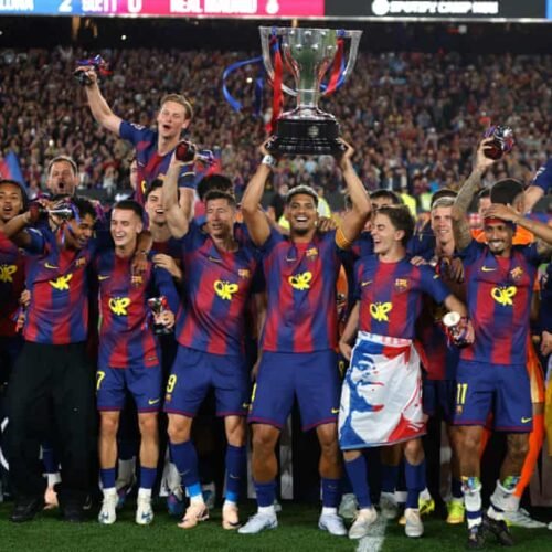 Celebrations As Barcelona Overwhelm Madrid To Retain La Liga, EPL Now Arsenal’s To Lose After Huge VAR Drama